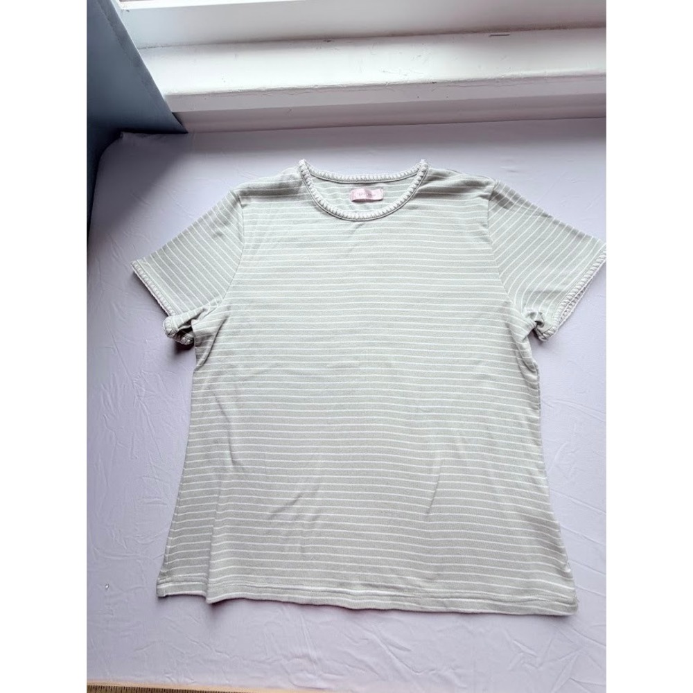 Teddi Rose Sage Green White Striped Short Sleeve Top Scallop Trim Size L
